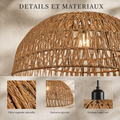 Détails et matériaux : fibre végétale naturelle, vannerie ajourée, embase métal noir