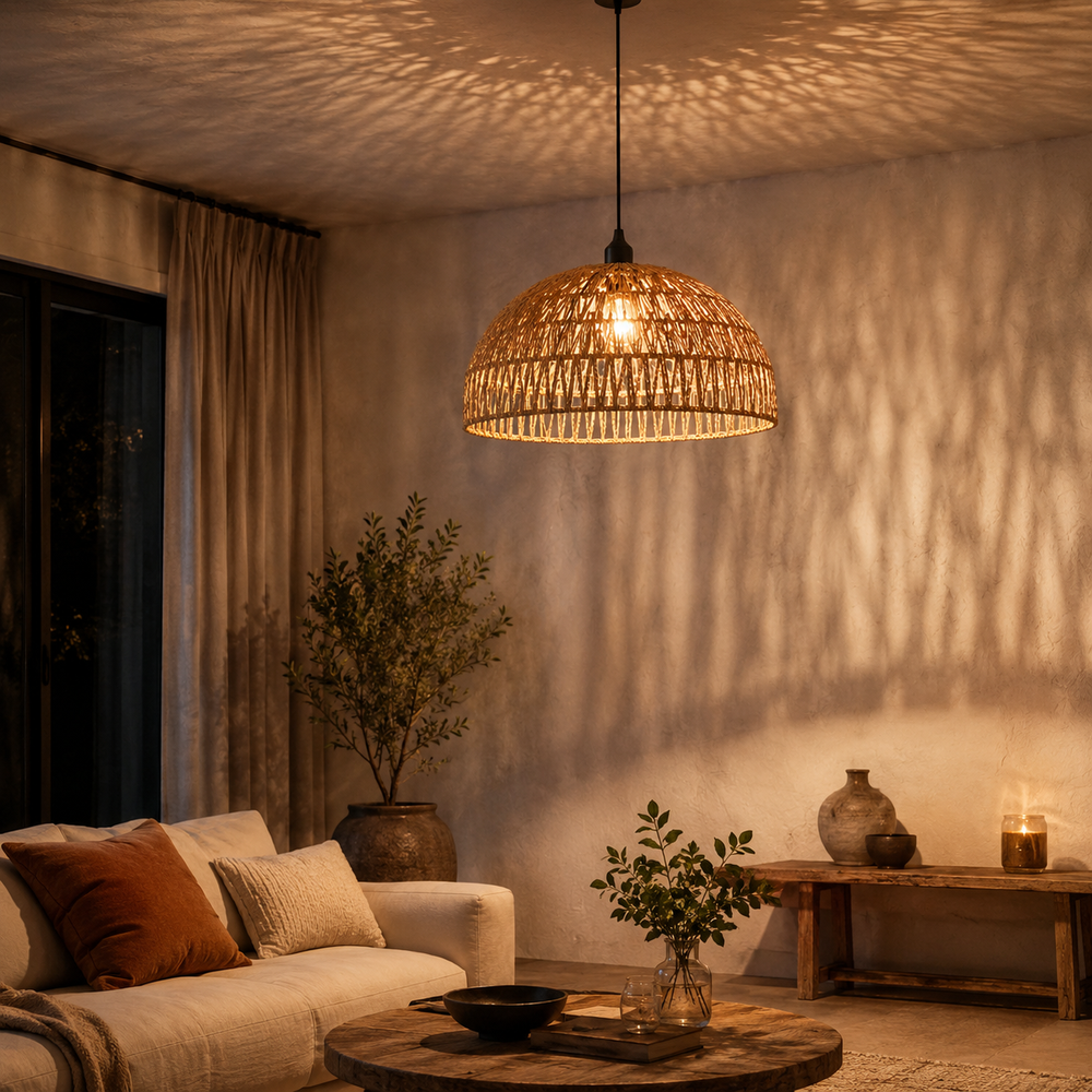 Ombres de vannerie projectées dans un salon en soirée
