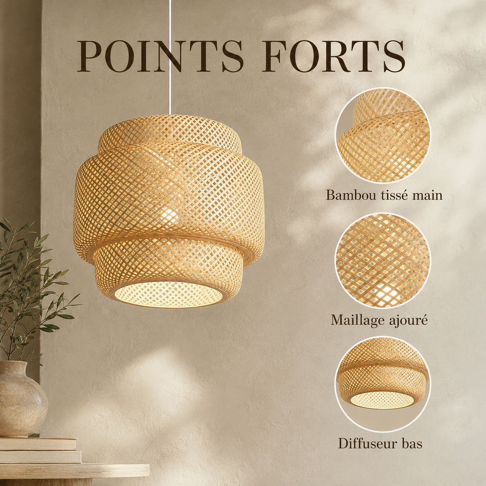Points forts : bambou tissé main, maillage ajouré, diffuseur bas
