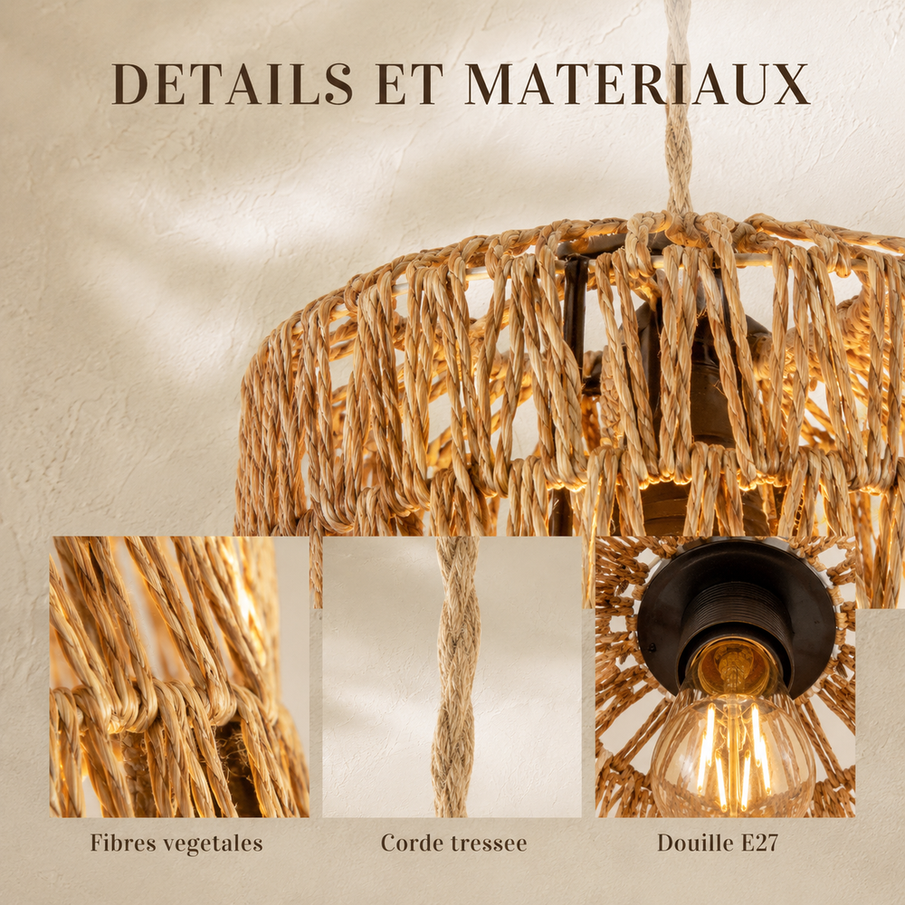 Détails et matériaux : fibres végétales, corde tressée, douille E27