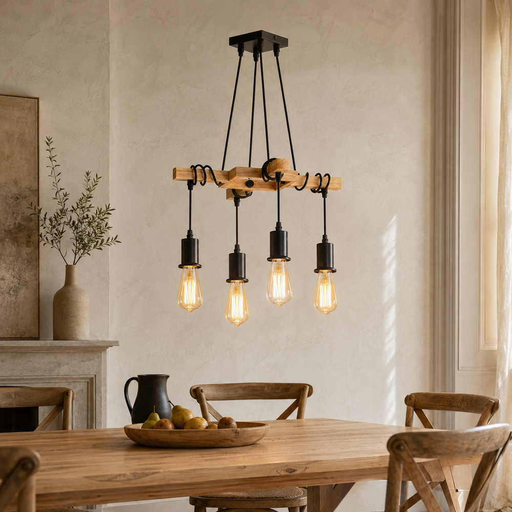 Lustre bois et métal noir au-dessus d'une table de salle à manger