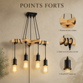 Points forts : poutres de bois croisées, câble enroulé autour du bois, douille E27 métal noir