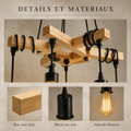 Détails et matériaux : bois clair brut, métal noir mat, ampoule filament