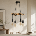 Lustre vintage en bois et métal noir douille E27, vue de face