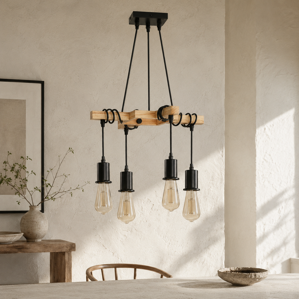 Lustre salon vintage bois et métal noir, douille E27