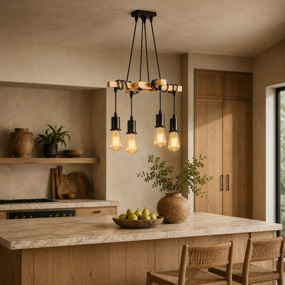 Lustre bois et métal au-dessus d'un îlot de cuisine