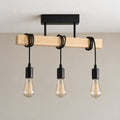 Suspension industrielle salon en bois, rectangulaire, douille E27 - suspension bois industrielle eteinte vue de face