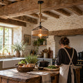 Suspension salon corde et métal noir, style industriel Ø 30 cm - suspension grange cuisine poutres apparentes