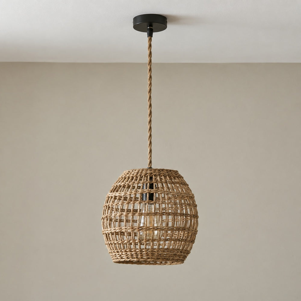 Suspension salon rotin tressé, vintage, douille E27 - suspension rotin eteinte vue de face