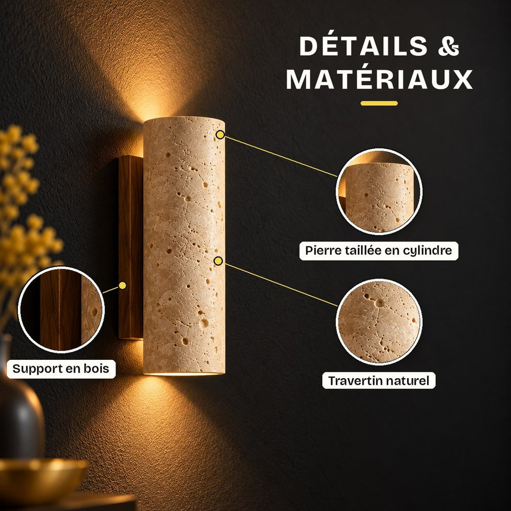 Applique murale chambre travertin et bois, style vintage - tessa 09 details materiaux
