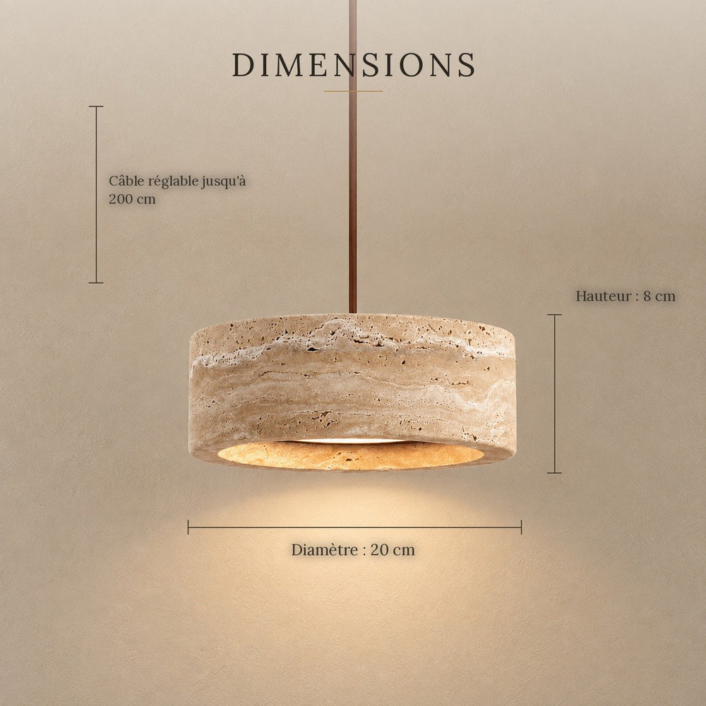Suspension salon travertin jaune, pierre naturelle Ø 20 cm - travertin 05 dimensions
