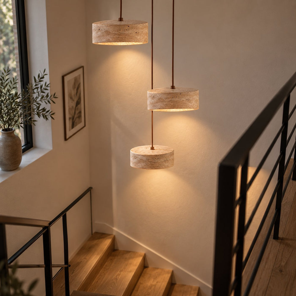 Suspension salon travertin jaune, pierre naturelle Ø 20 cm - travertin 08 escalier