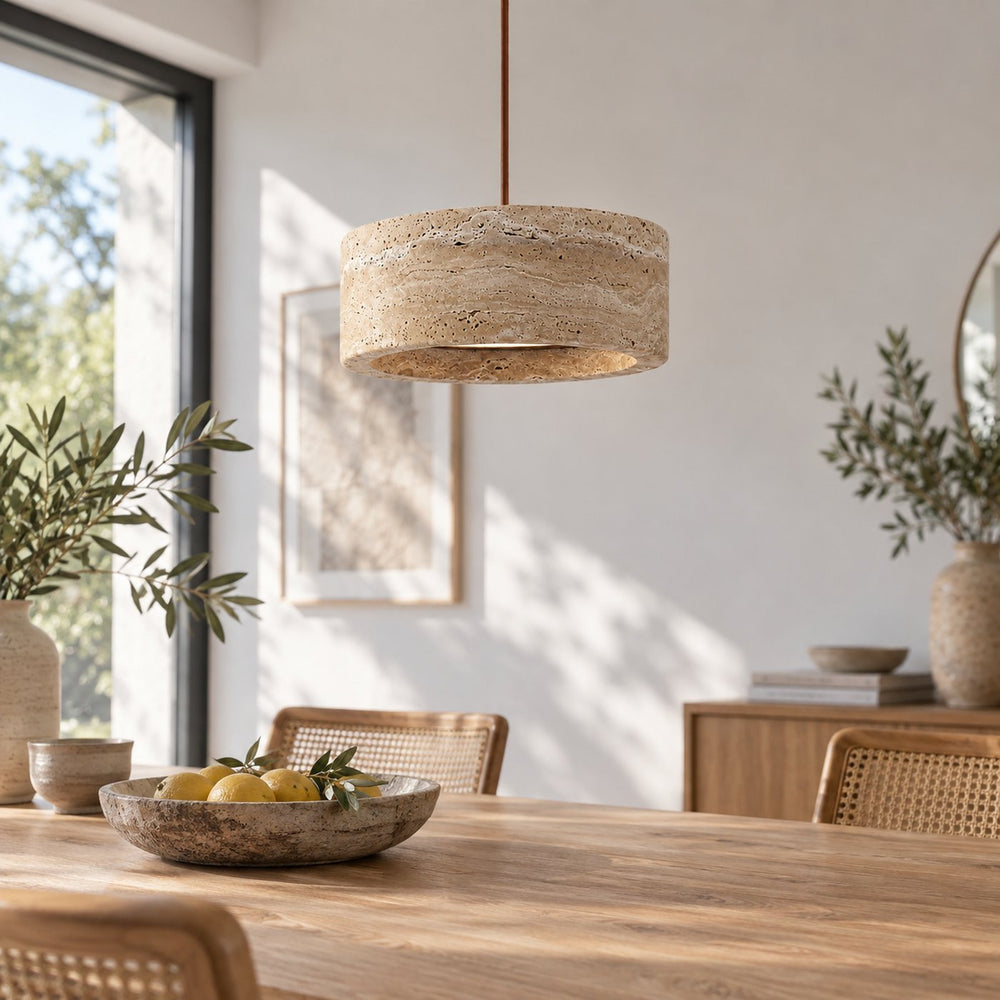Suspension salon travertin jaune, pierre naturelle Ø 20 cm - travertin 09 en journee