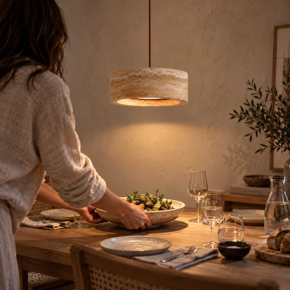 Suspension salon travertin jaune, pierre naturelle Ø 20 cm - travertin 10 diner