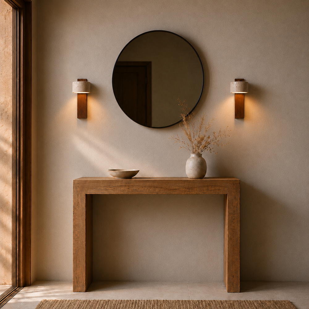 Deux appliques travertin et noyer de part et d'autre d'un miroir d'entrée #noyer