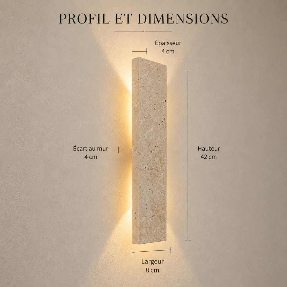Profil et dimensions : hauteur 42 cm, largeur 8 cm, épaisseur 4 cm, écart au mur 4 cm #42-cm