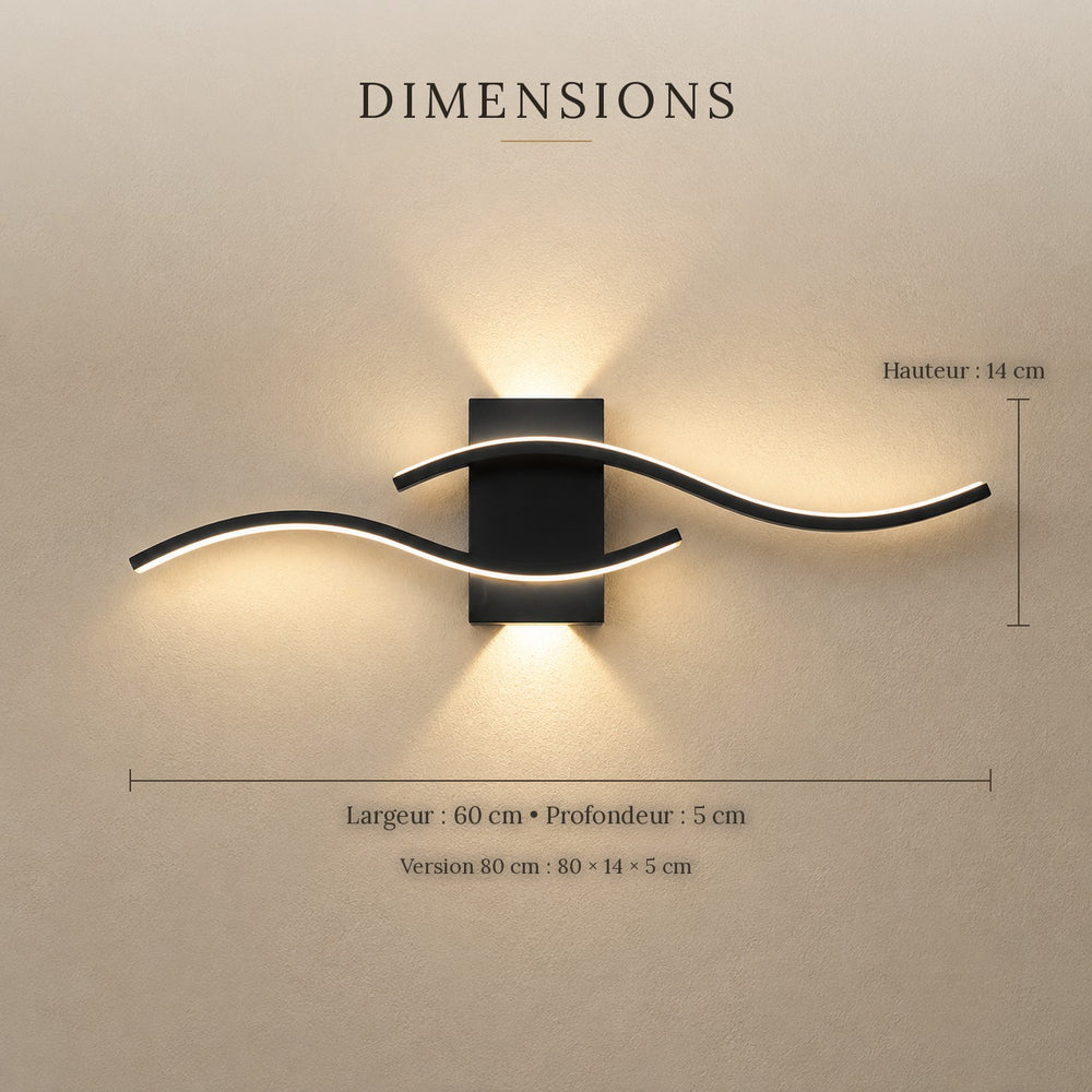 Applique murale salon LED, design moderne et simple - vague v5 info dimensions #noir