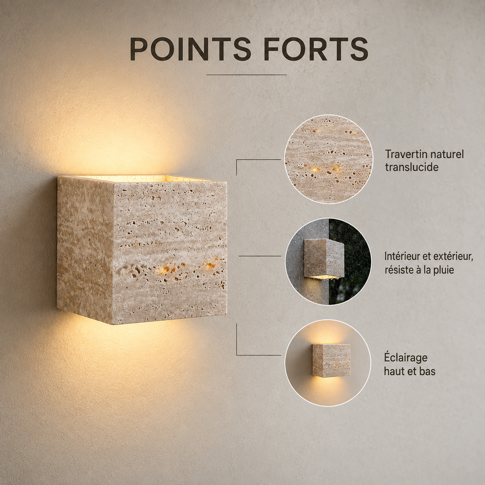 Points forts : travertin naturel translucide, intérieur et extérieur, éclairage haut et bas #12-cm