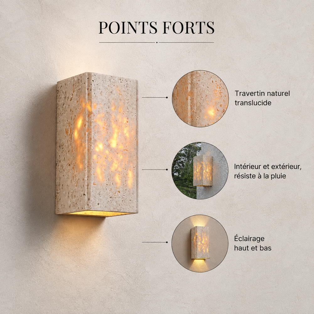 Points forts : travertin naturel translucide, intérieur et extérieur, éclairage haut et bas #16-cm