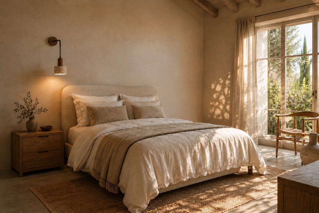 Chambre en lin et bois brut éclairée en fin de journée, applique rétro en pierre naturelle allumée