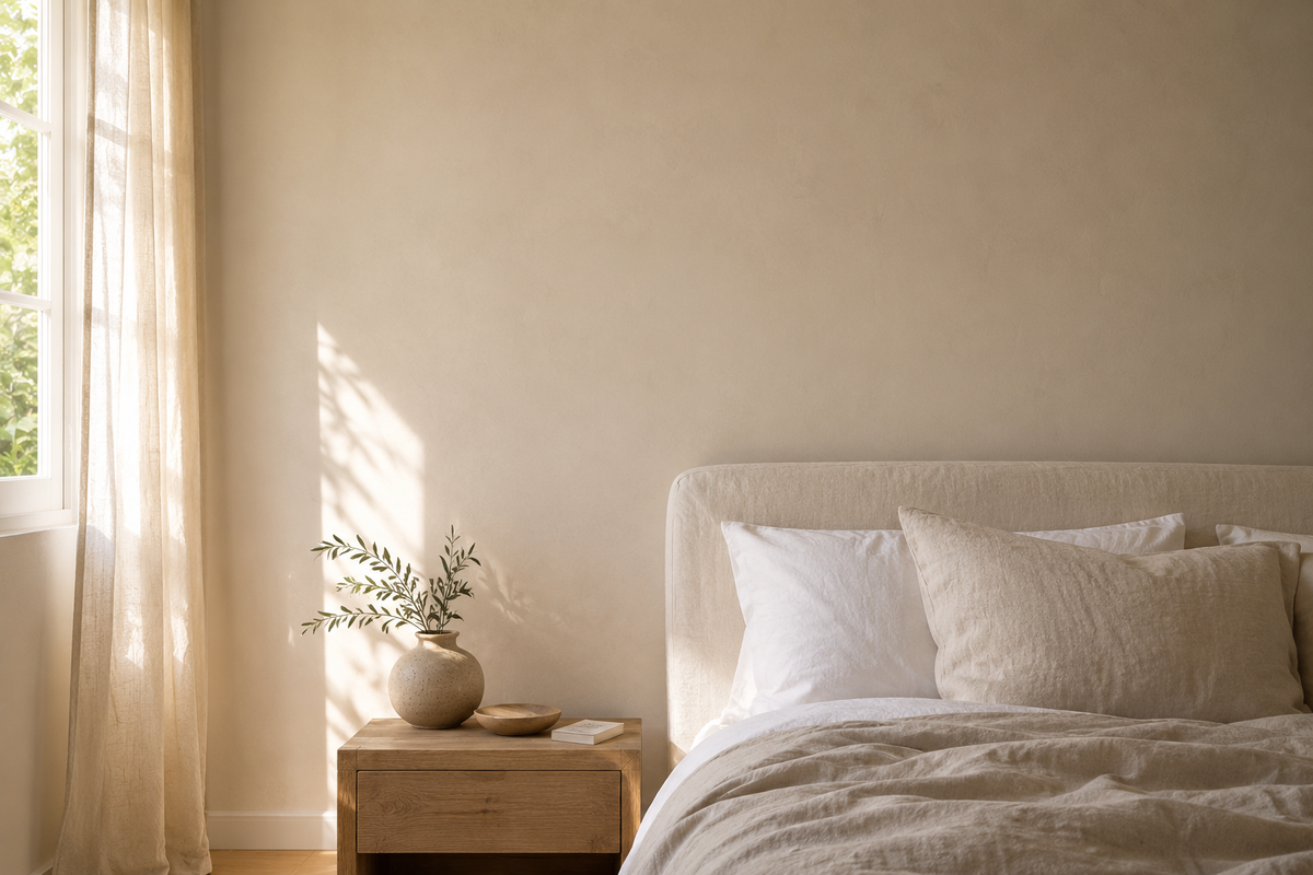 Chambre avec le mur nu au-dessus de la table de chevet