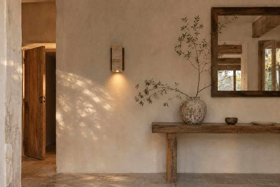 Entrée en bois brut et mur à la chaux, applique en travertin jaune allumée au-dessus d'une console