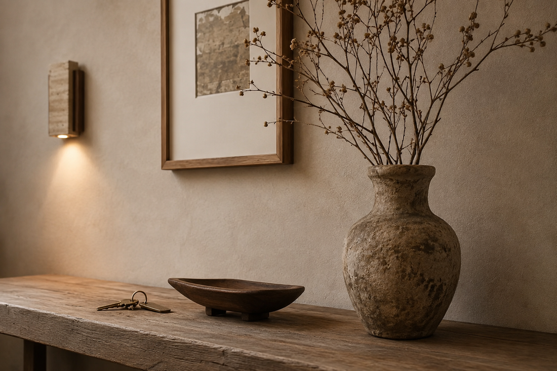 Console habitée avec céramique et branches séchées, applique en travertin allumée en arrière-plan