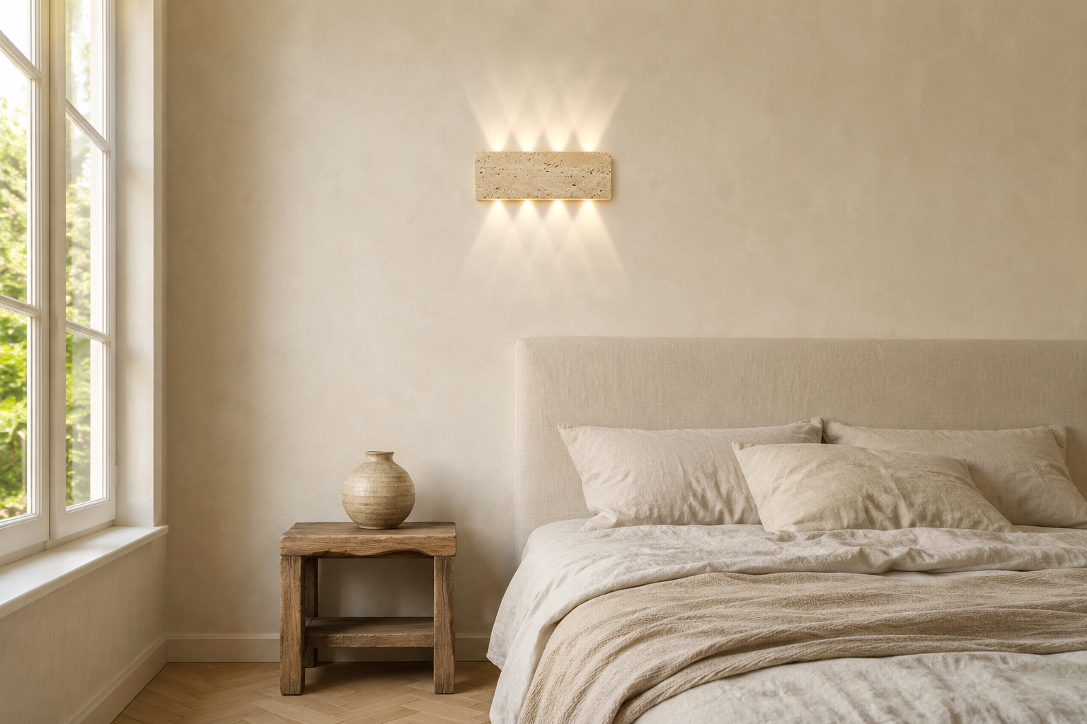 La même chambre avec l'applique Wabi-Sabi en pierre naturelle allumée