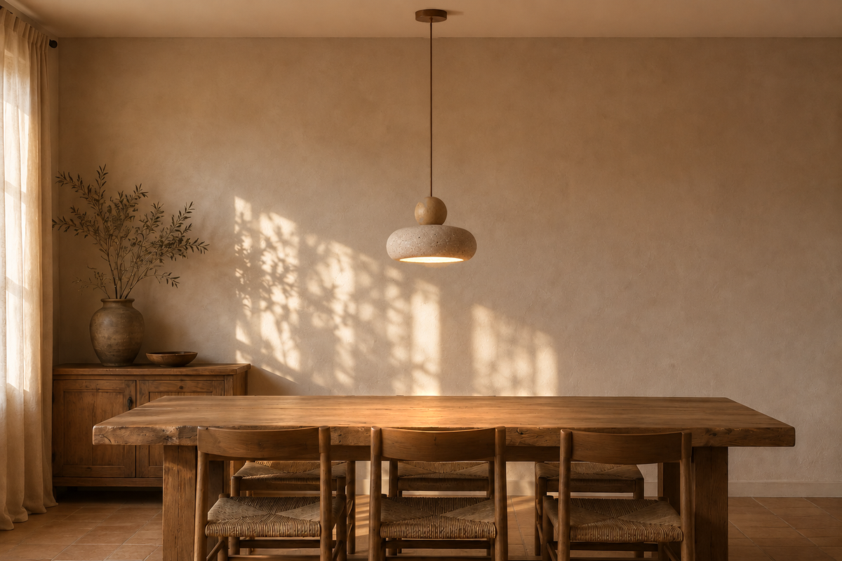 La même salle à manger avec la suspension en travertin allumée au-dessus de la table