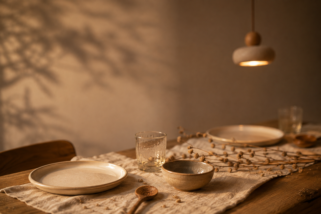 Cuisine ouverte contemporaine avec crédence en zellige, suspension en travertin allumée au-dessus de l'îlot