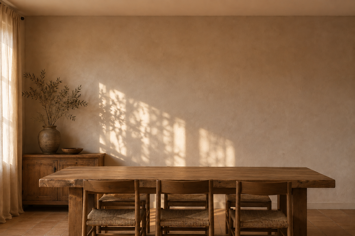 Salle à manger de maison de campagne, sans luminaire au-dessus de la table