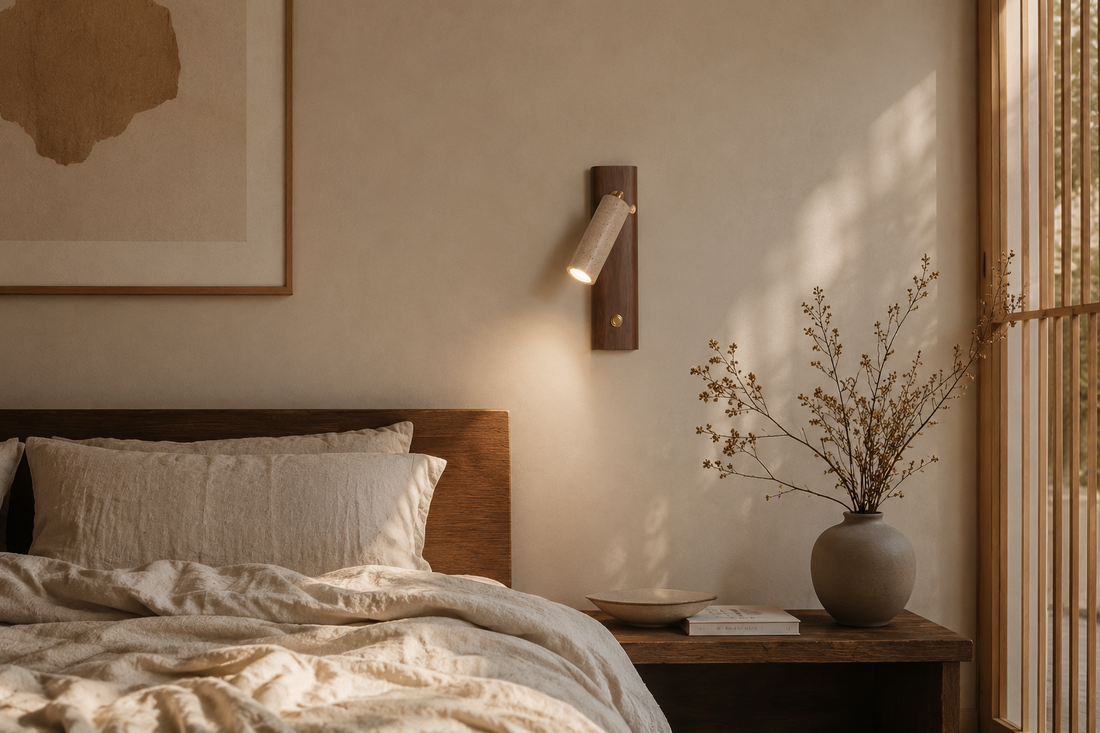 Chambre en lin et bois brut éclairée en fin de journée, applique en travertin et noyer allumée