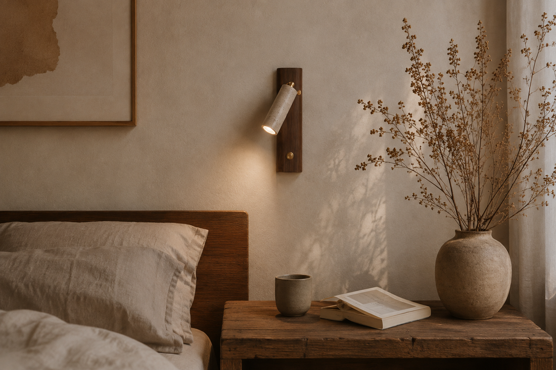 Coin de chambre habité, chevet, livre ouvert et céramique, applique allumée au-dessus