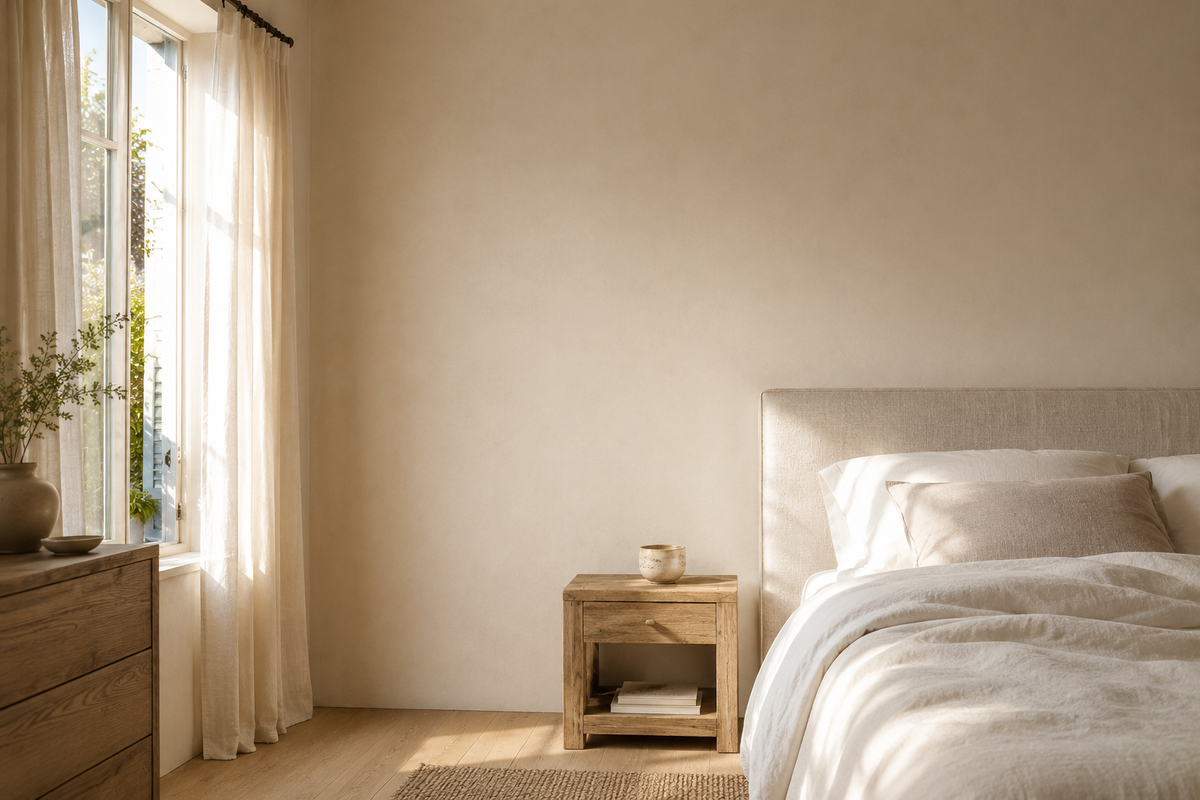 Chambre avec le mur nu au-dessus de la table de chevet