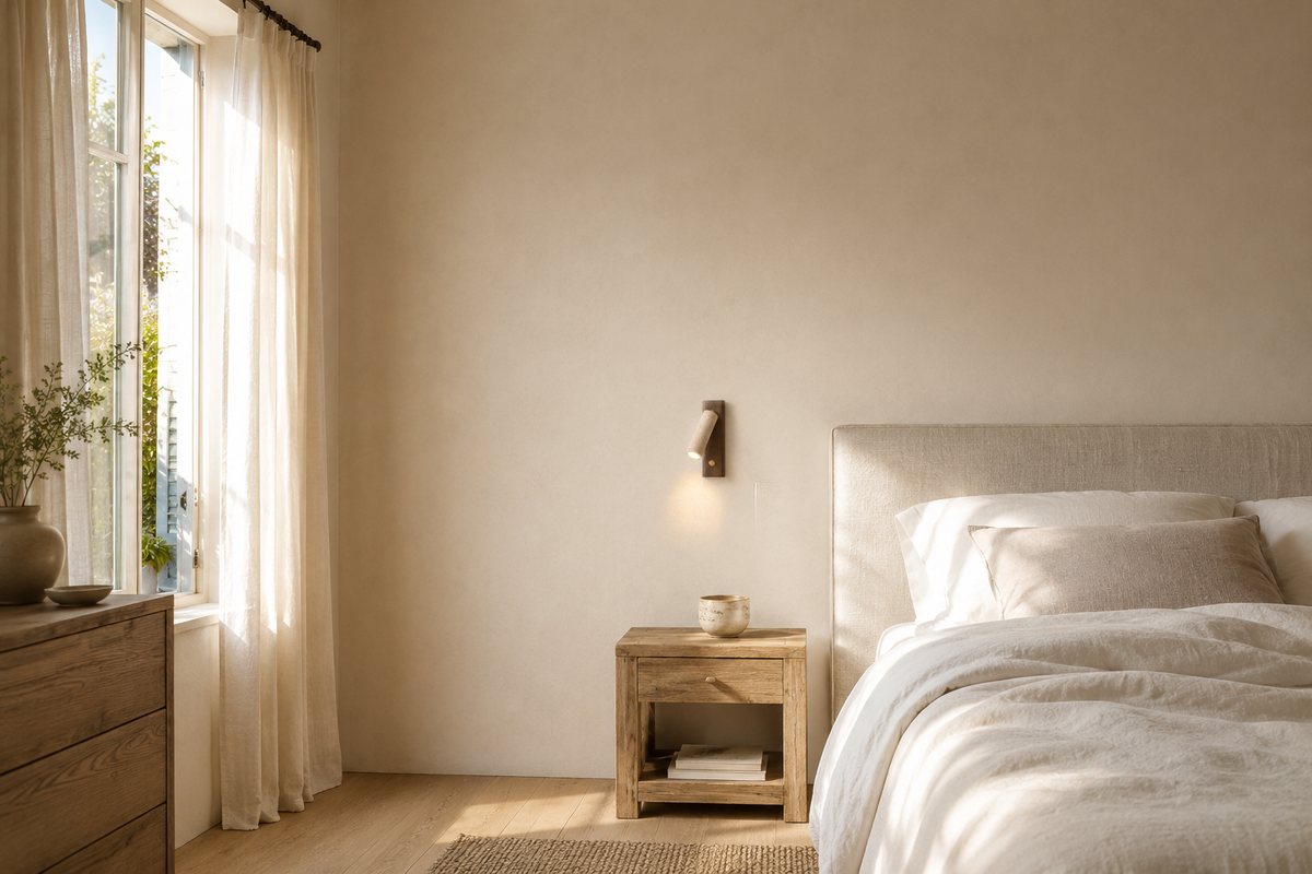 La même chambre avec l'applique en travertin et noyer allumée au-dessus du chevet