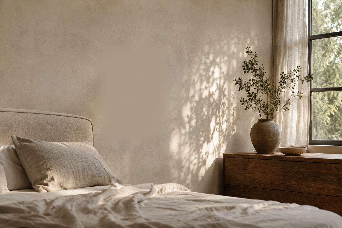 Chambre en enduit de chaux avec le mur nu, en fin d'après-midi