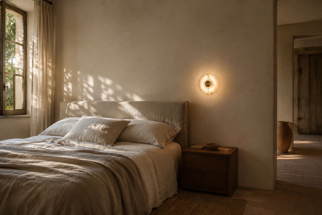 Chambre en lin et bois brut éclairée en fin de journée, applique en albâtre allumée au-dessus du chevet