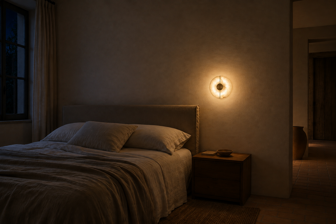 Chambre dans le noir, l'applique en albâtre diffuse un halo doux, seule source allumée