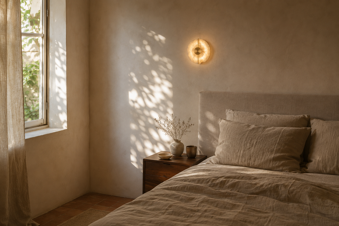 Coin de chambre habité, chevet en noyer et céramique, applique en albâtre allumée en arrière-plan