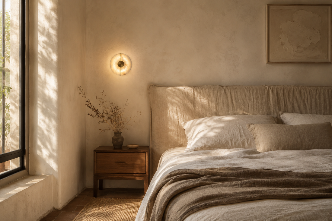 Mur à la chaux crème révélé par le halo doux et circulaire de l'applique en albâtre
