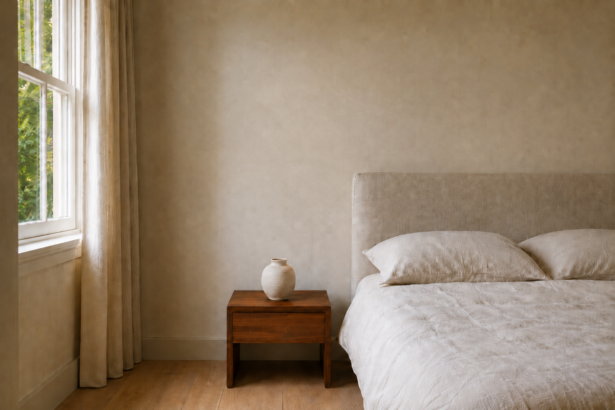 Chambre avec le mur nu au-dessus de la table de chevet
