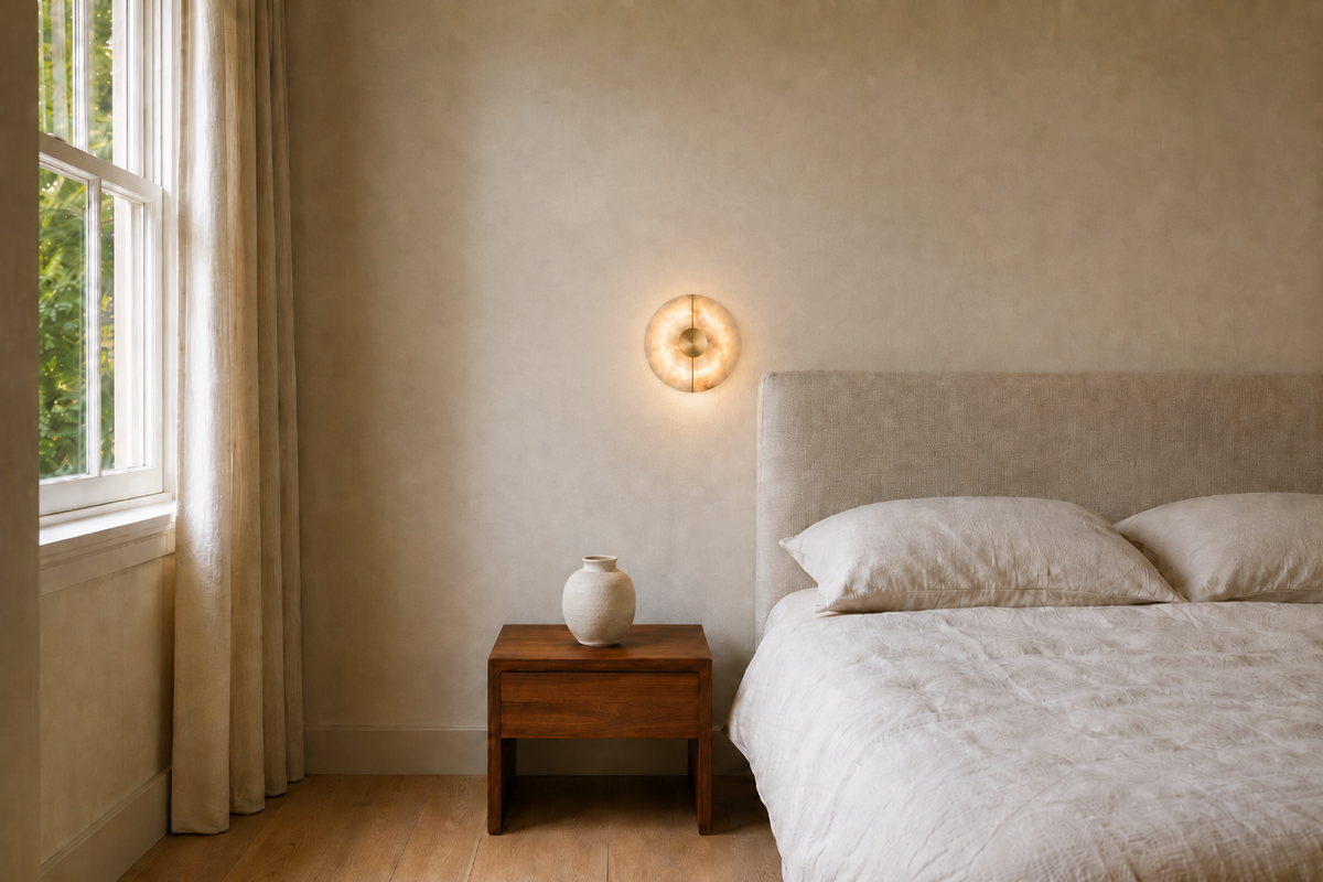 La même chambre avec l'applique en albâtre allumée au-dessus du chevet