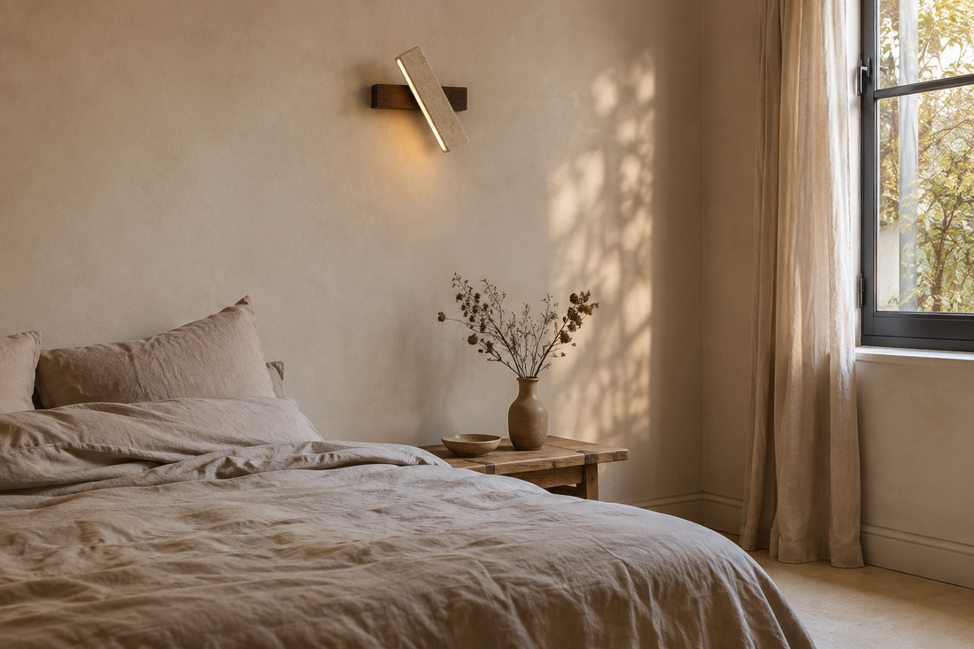 Chambre en lin et bois brut éclairée en fin de journée, applique en pierre naturelle allumée en haut du mur