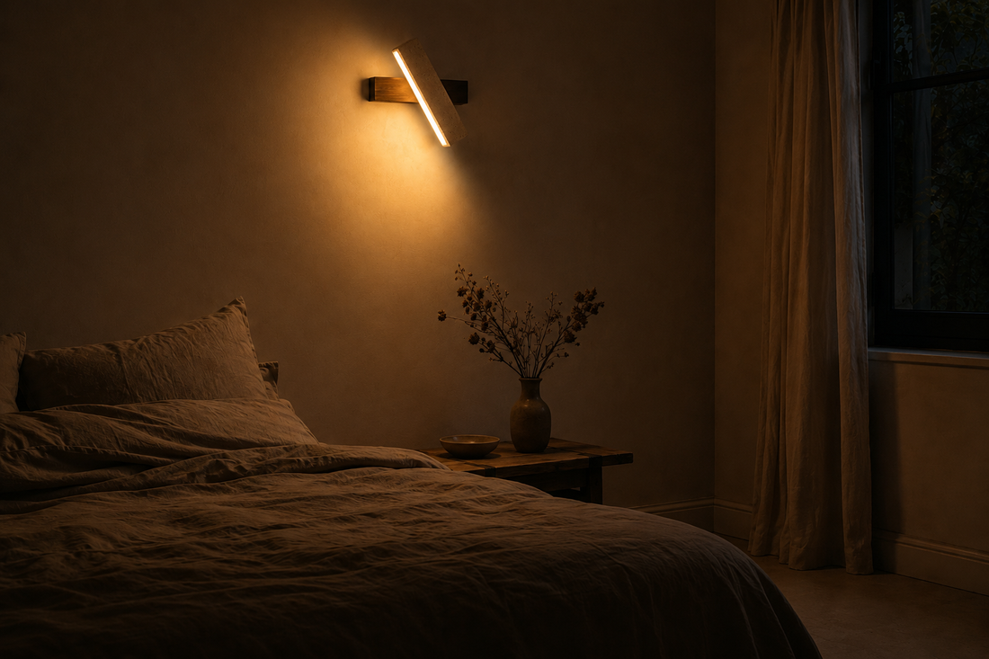 Chambre dans le noir, l'applique en pierre naturelle est la seule source allumée