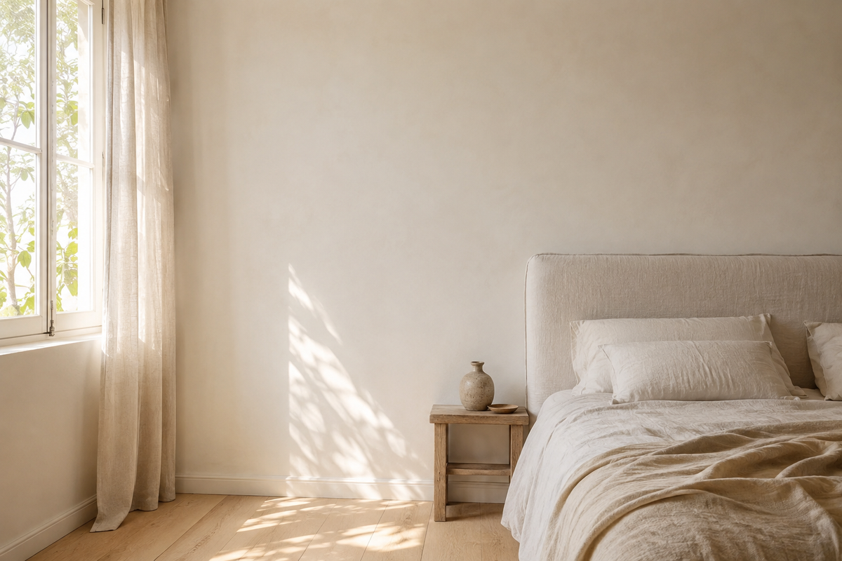 Chambre avec le mur nu au-dessus de la table de chevet