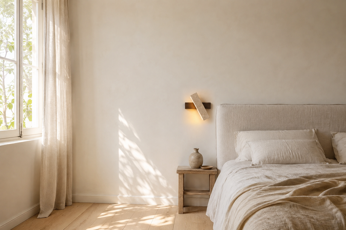 La même chambre avec l'applique en pierre naturelle allumée au-dessus du chevet