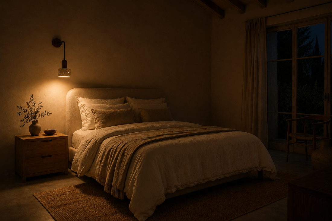 Chambre dans le noir, l'applique rétro est la seule source allumée et pose un halo chaud sur le mur