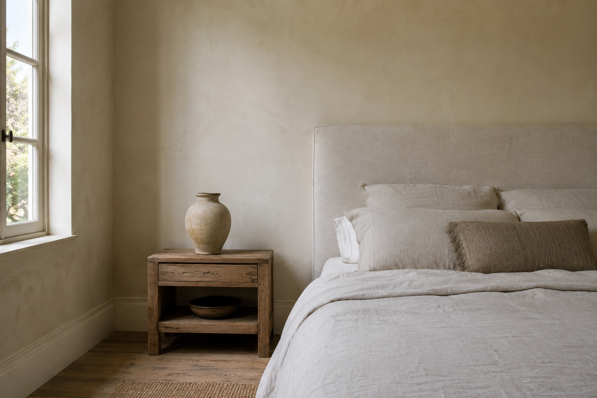 Chambre avec le mur nu au-dessus de la table de chevet