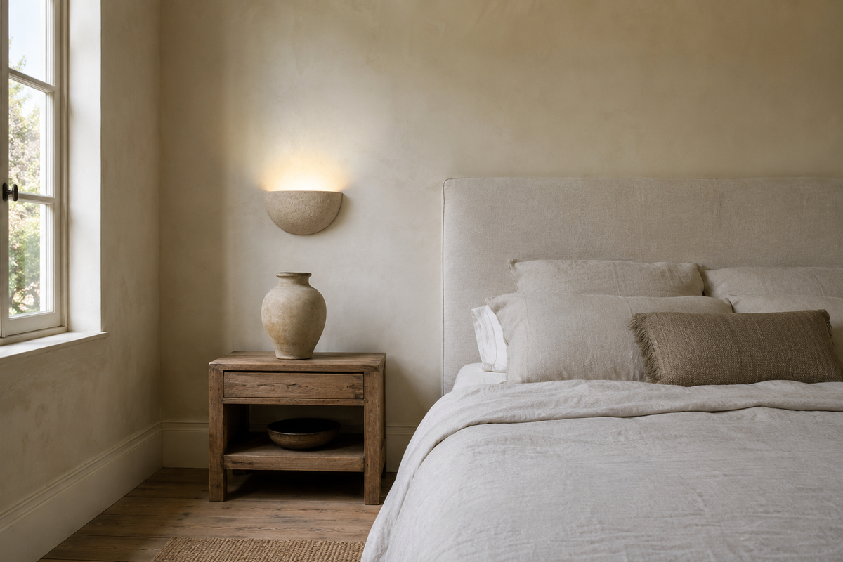 La même chambre avec l'applique rétro Wabi-Sabi allumée au-dessus du chevet