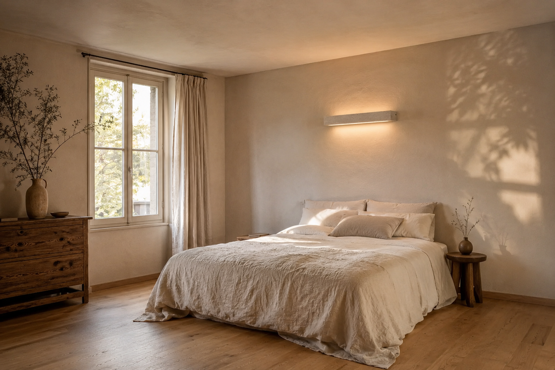 Chambre en lin et bois brut éclairée en fin de journée, applique en pierre naturelle allumée en haut du mur